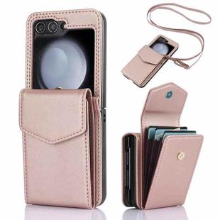 For Samsung Galaxy Z Flip5 Card Slots Folding RFID Phone Case with Long Lanyard(Rose Gold)