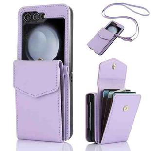 For Samsung Galaxy Z Flip5 Card Slots Folding RFID Phone Case with Long Lanyard(Light Purple)