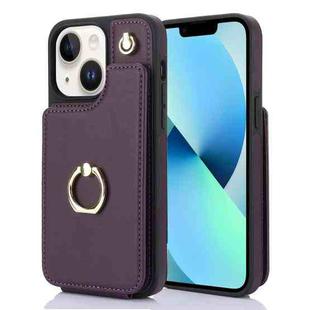 For iPhone 13 YM005 Skin Feel Card Bag Phone Case with Long Lanyard(Dark Purple)