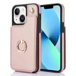 For iPhone 13 YM005 Skin Feel Card Bag Phone Case with Long Lanyard(Rose Gold)