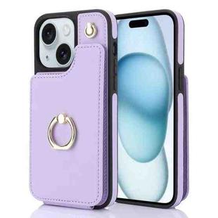 For iPhone 15 Plus YM005 Skin Feel Card Bag Phone Case with Long Lanyard(Light Purple)