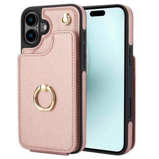 For iPhone 16 YM005 Skin Feel Card Bag Phone Case with Long Lanyard(Rose Gold)
