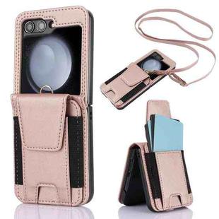 For Samsung Galaxy Z Flip5 Card Slots Folding Phone Case with Long Lanyard(Rose Gold)