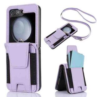 For Samsung Galaxy Z Flip5 Card Slots Folding Phone Case with Long Lanyard(Light Purple)