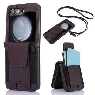 For Samsung Galaxy Z Flip5 Card Slots Folding Phone Case with Long Lanyard(Dark Purple)