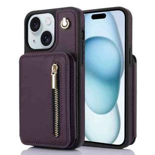 For iPhone 15 Plus YM006 Skin Feel Zipper Card Bag Phone Case with Dual Lanyard(Dark Purple)