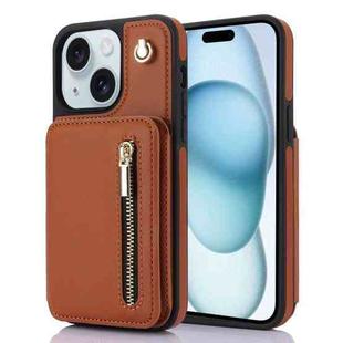 For iPhone 15 YM006 Skin Feel Zipper Card Bag Phone Case with Dual Lanyard(Brown)