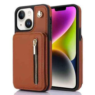 For iPhone 14 Plus YM006 Skin Feel Zipper Card Bag Phone Case with Dual Lanyard(Brown)