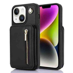 For iPhone 14 YM006 Skin Feel Zipper Card Bag Phone Case with Dual Lanyard(Black)