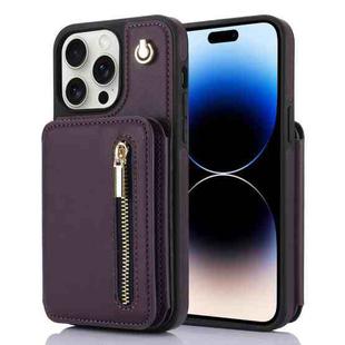 For iPhone 14 Pro Max YM006 Skin Feel Zipper Card Bag Phone Case with Dual Lanyard(Dark Purple)