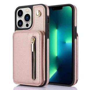 For iPhone 13 Pro Max YM006 Skin Feel Zipper Card Bag Phone Case with Dual Lanyard(Rose Gold)