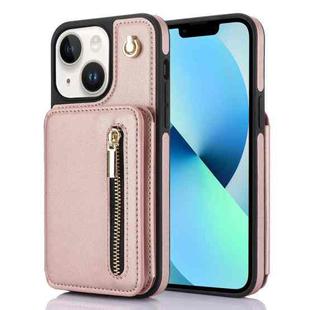 For iPhone 13 YM006 Skin Feel Zipper Card Bag Phone Case with Dual Lanyard(Rose Gold)