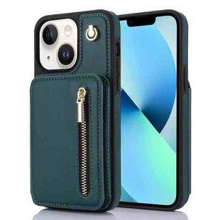 For iPhone 13 YM006 Skin Feel Zipper Card Bag Phone Case with Dual Lanyard(Green)