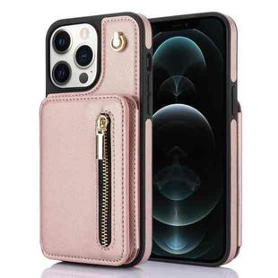 For iPhone 12 Pro Max YM006 Skin Feel Zipper Card Bag Phone Case with Dual Lanyard(Rose Gold)