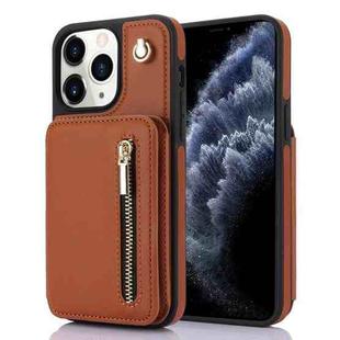 For iPhone 11 Pro Max YM006 Skin Feel Zipper Card Bag Phone Case with Dual Lanyard(Brown)