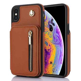 For iPhone X / XS YM006 Skin Feel Zipper Card Bag Phone Case with Dual Lanyard(Brown)