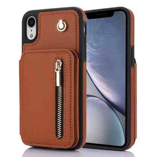 For iPhone XR YM006 Skin Feel Zipper Card Bag Phone Case with Dual Lanyard(Brown)