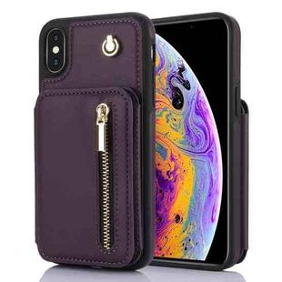 For iPhone XS Max YM006 Skin Feel Zipper Card Bag Phone Case with Dual Lanyard(Dark Purple)