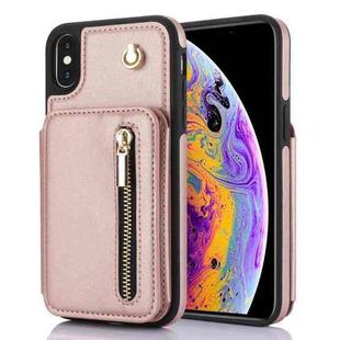 For iPhone XS Max YM006 Skin Feel Zipper Card Bag Phone Case with Dual Lanyard(Rose Gold)