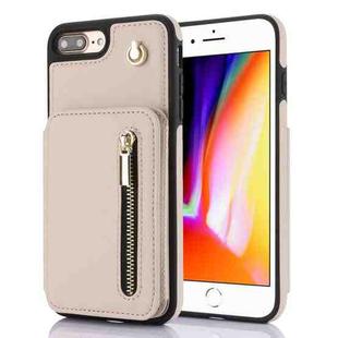 For iPhone 7 Plus / 8 Plus YM006 Skin Feel Zipper Card Bag Phone Case with Dual Lanyard(Apricot)