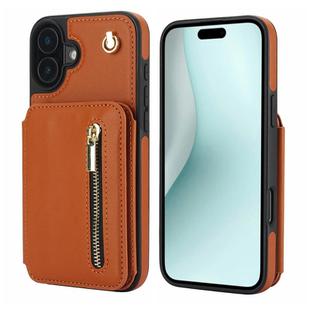 For iPhone 16 Plus YM006 Skin Feel Zipper Card Bag Phone Case with Dual Lanyard(Brown)