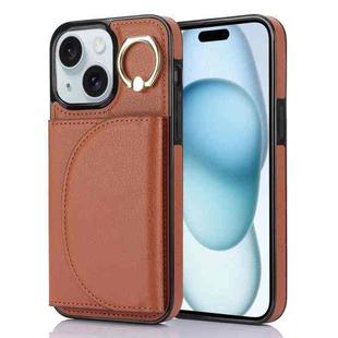 For iPhone 15 YM007 Ring Holder Card Bag Skin Feel Phone Case(Brown)