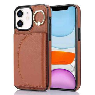 For iPhone 11 YM007 Ring Holder Card Bag Skin Feel Phone Case(Brown)