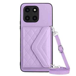 For Honor X6a Rhombic Texture Card Bag RFID Phone Case with Long Lanyard(Light Purple)