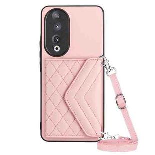 For Honor 90 Rhombic Texture Card Bag RFID Phone Case with Long Lanyard(Rose Gold)