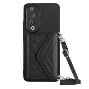 For Honor 90 Rhombic Texture Card Bag RFID Phone Case with Long Lanyard(Black)