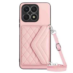 For Honor X8a Rhombic Texture Card Bag RFID Phone Case with Long Lanyard(Rose Gold)