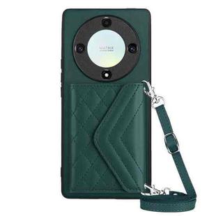 For Honor X9a / Magic5 Lite Rhombic Texture Card Bag RFID Phone Case with Long Lanyard(Green)