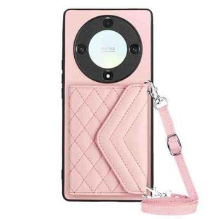 For Honor X9a / Magic5 Lite Rhombic Texture Card Bag RFID Phone Case with Long Lanyard(Rose Gold)
