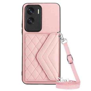 For Honor X50i Rhombic Texture Card Bag RFID Phone Case with Long Lanyard(Rose Gold)