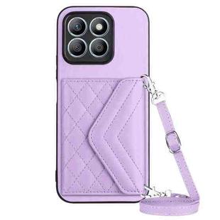 For Honor X8b 4G Global Rhombic Texture Card Bag RFID Phone Case with Long Lanyard(Light Purple)