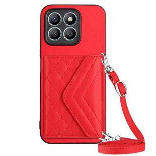 For Honor X8b 4G Global Rhombic Texture Card Bag RFID Phone Case with Long Lanyard(Red)
