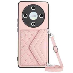 For Honor X9b / Magic6 Lite Rhombic Texture Card Bag RFID Phone Case with Long Lanyard(Rose Gold)