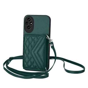 For Honor 200 Pro 5G Rhombic Texture Card Bag RFID Phone Case with Long Lanyard(Green)