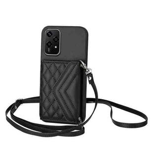 For Honor 200 Lite 5G Global Rhombic Texture Card Bag RFID Phone Case with Long Lanyard(Black)