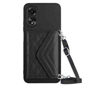 For OPPO A17 Rhombic Texture Card Bag RFID Phone Case with Long Lanyard(Black)