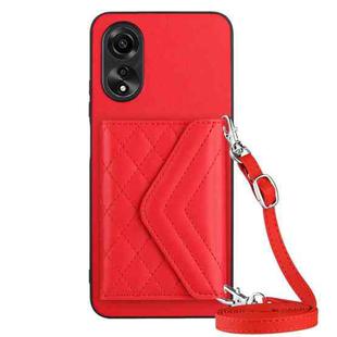 For OPPO A17 Rhombic Texture Card Bag RFID Phone Case with Long Lanyard(Red)