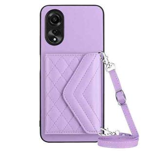 For OPPO A58 / A58x Rhombic Texture Card Bag RFID Phone Case with Long Lanyard(Light Purple)