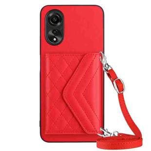 For OPPO A58 / A58x Rhombic Texture Card Bag RFID Phone Case with Long Lanyard(Red)