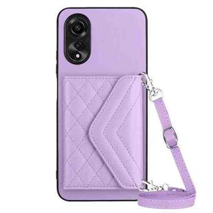 For OPPO A58 4G Rhombic Texture Card Bag RFID Phone Case with Long Lanyard(Light Purple)