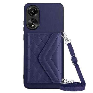 For OPPO A78 4G Rhombic Texture Card Bag RFID Phone Case with Long Lanyard(Dark Purple)