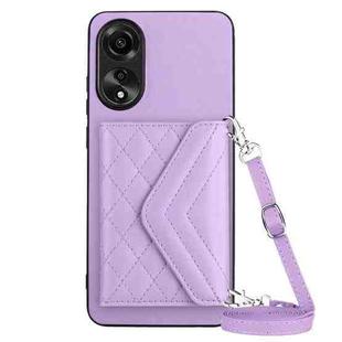 For OPPO A78 4G Rhombic Texture Card Bag RFID Phone Case with Long Lanyard(Light Purple)