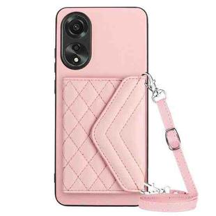 For OPPO A78 4G Rhombic Texture Card Bag RFID Phone Case with Long Lanyard(Rose Gold)