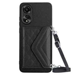 For OPPO A78 4G Rhombic Texture Card Bag RFID Phone Case with Long Lanyard(Black)