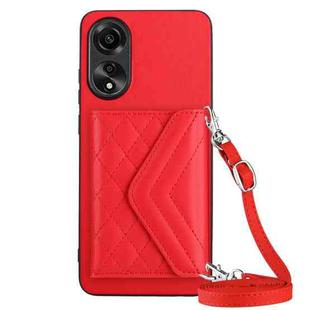 For OPPO A78 4G Rhombic Texture Card Bag RFID Phone Case with Long Lanyard(Red)