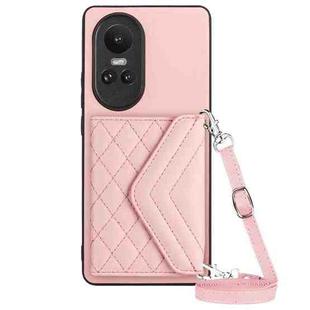 For OPPO Reno10 5G Rhombic Texture Card Bag RFID Phone Case with Long Lanyard(Rose Gold)